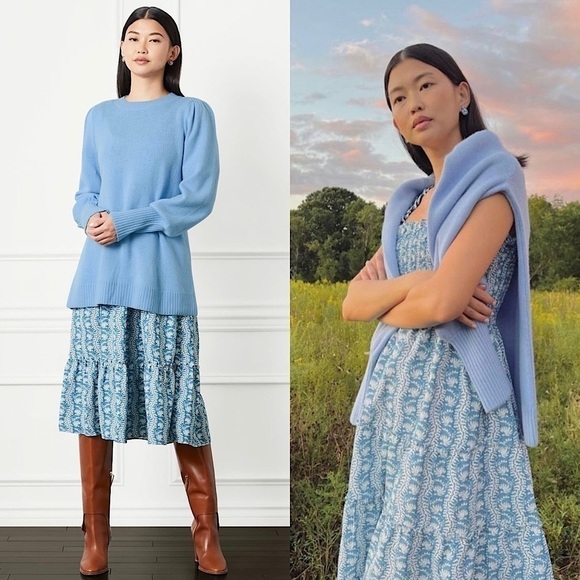 NWT HILL HOUSE Sky Blue Merino Wool Soft Knit Puffed Long Sleeve Tunic Sweater M - Picture 1 of 12